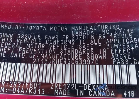 2016 Toyota Corolla Le from USA, damaged, VIN 2T1BURHE4GC639970